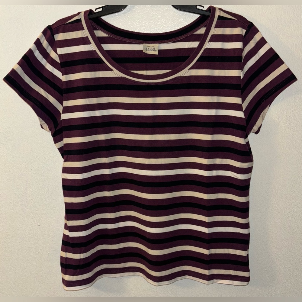 Falls Creek Women’s Size Large L T-shirt White Blue Purple Short Sleeve Striped